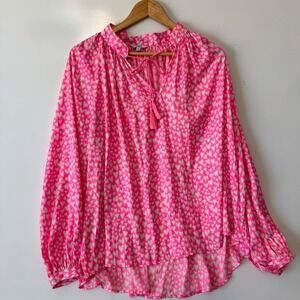 Crown & Ivy‎ Pink Hearts Print Blouse Top Women's L Long Sleeve